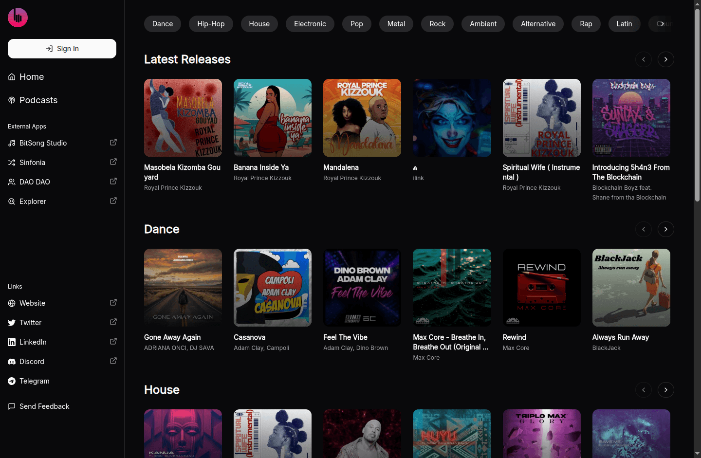 BitSong web player home screen with latest releases, music genres and artist tracks